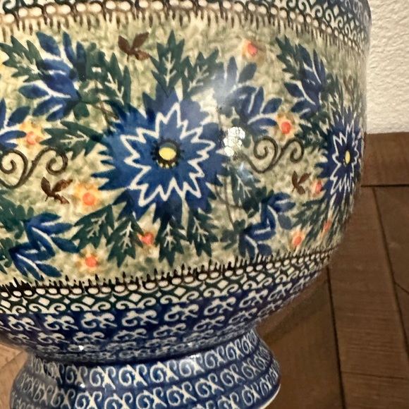 Polish Pottery Boleslawiec Poland Unikat Large Floral Blue Ceramic Bowl EUC - Picture 4 of 6